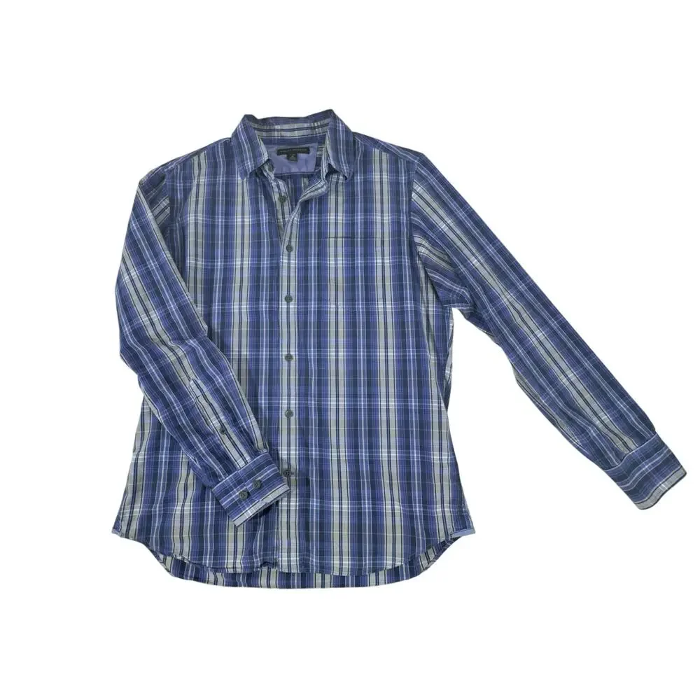 Banana Republic Mens Button Up‎ Shirt Size Medium 15-15.5 Blue Plaid 100% Cotton